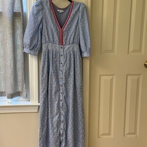 Chic Blue Button-Down Dress with Red Accents